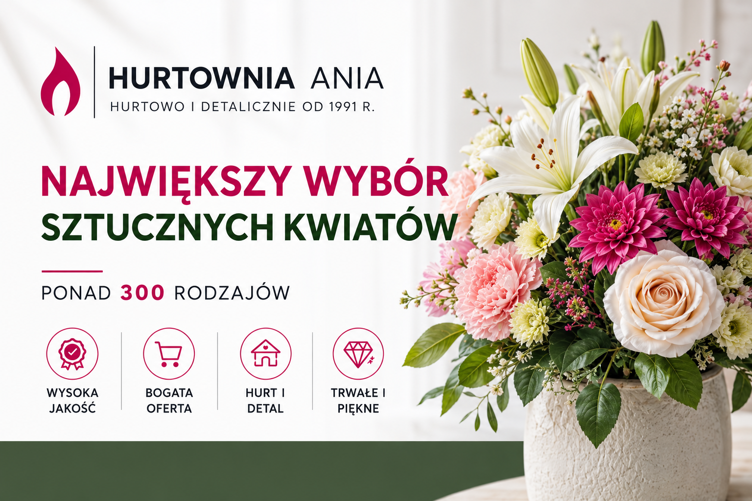 Jesteśmy największym sprzedawcą sztucznych kwiatów hurtowo i detalicznie